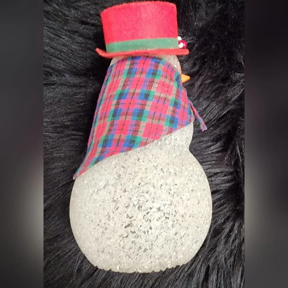Vintage Christmas Melted Plastic Popcorn Snowman Felt Hat, Fabric Scarf